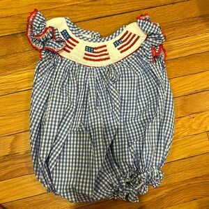 American flag smocked bubble, blue gingham 3 months USA